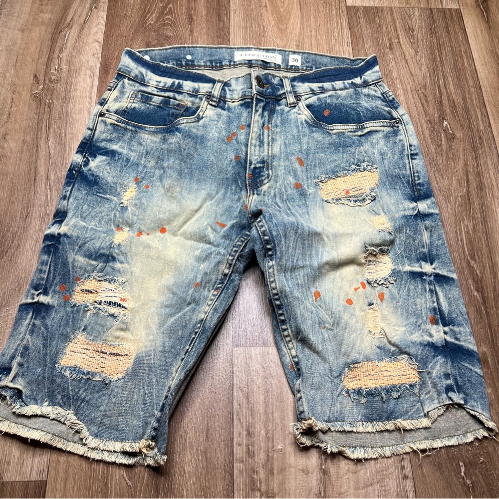 Evolution in Design Denim Shorts Distressed Ripped Blue Jean Shorts Size 30